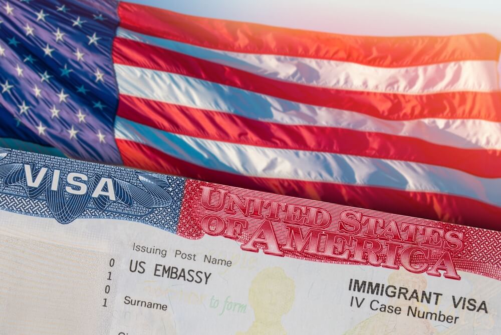 US visa document displayed alongside an American flag, symbolizing immigration and entry into the United States. Form I539