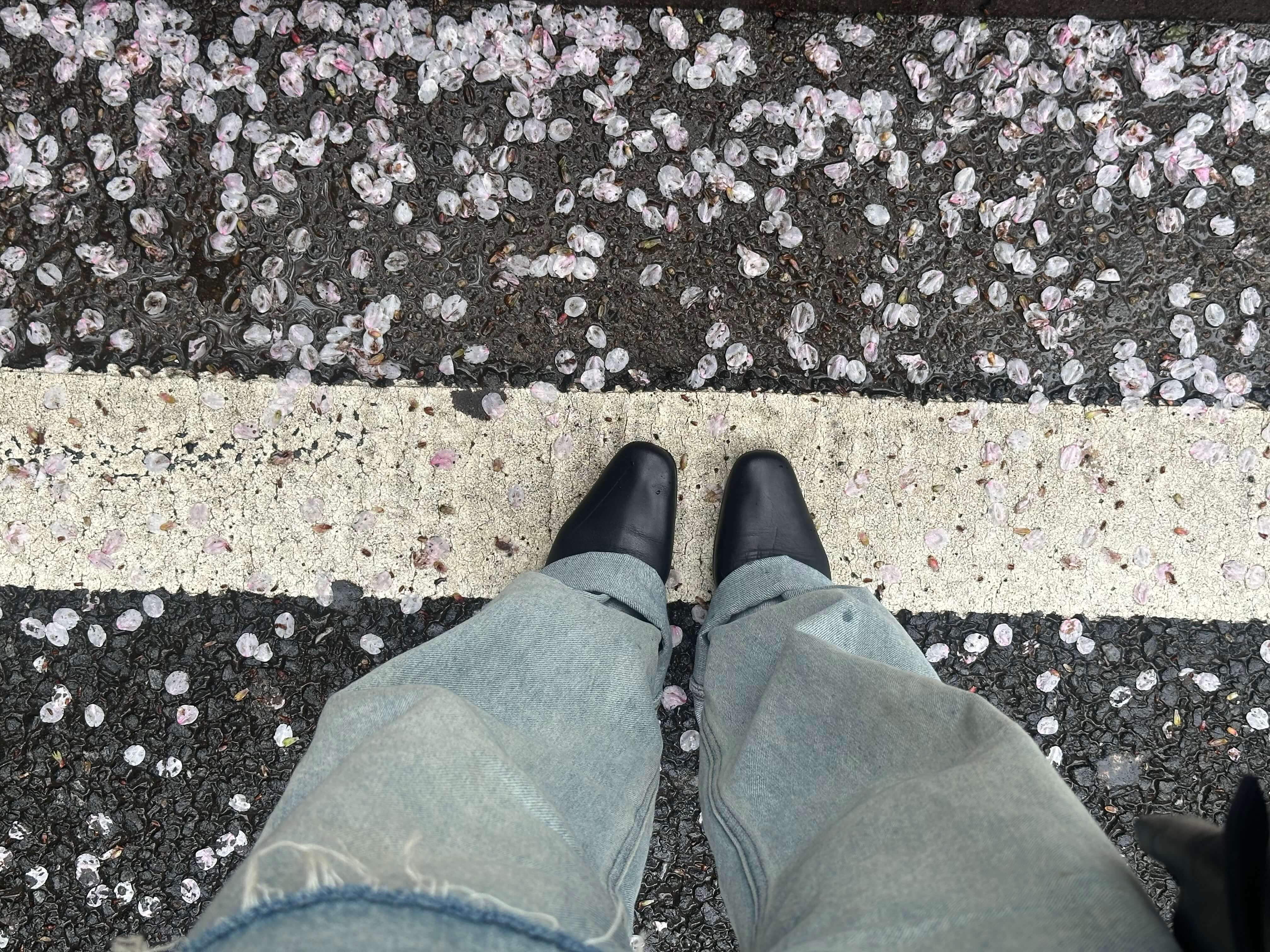 a knee down photo of a person wearing wide cut jeans and black round toed shoes surrounded by fallen flower petals