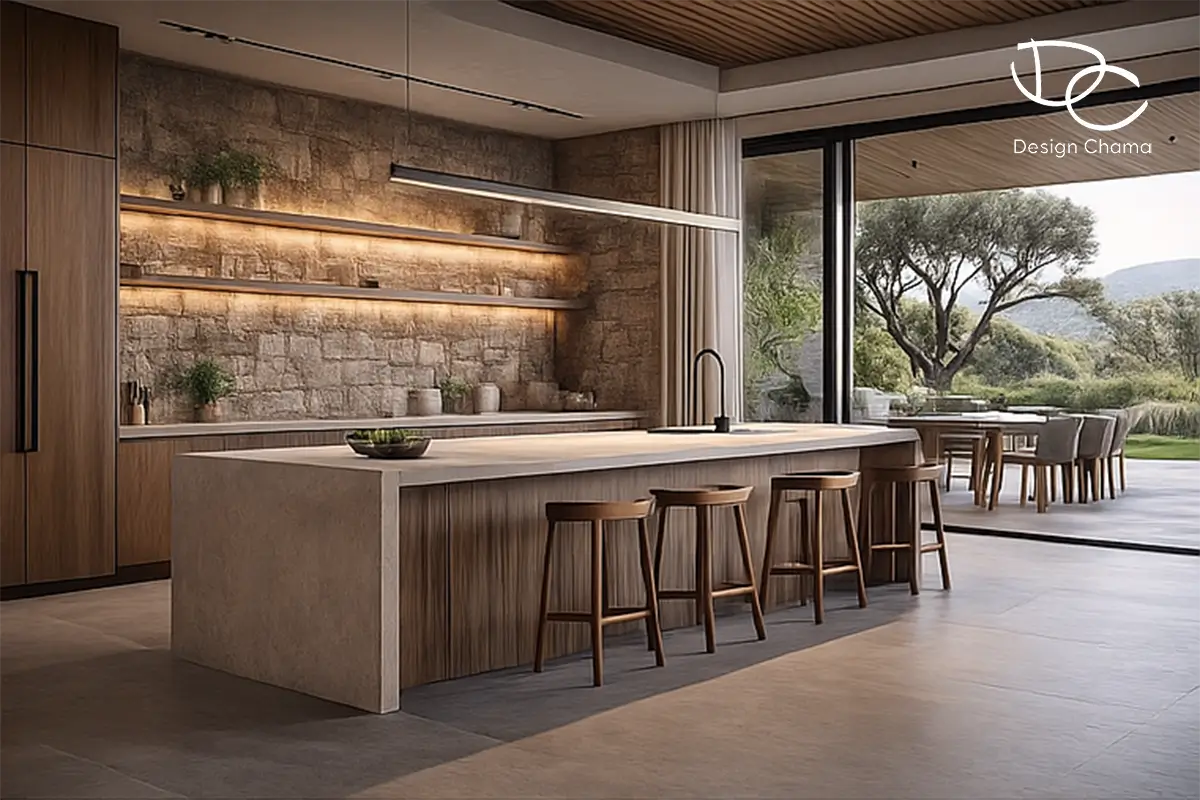 Minimal κουζίνα με νησίδα, φυσική πέτρα, ξύλινα ντουλάπια και θέα στον κήπο στο Λαγονήσι.