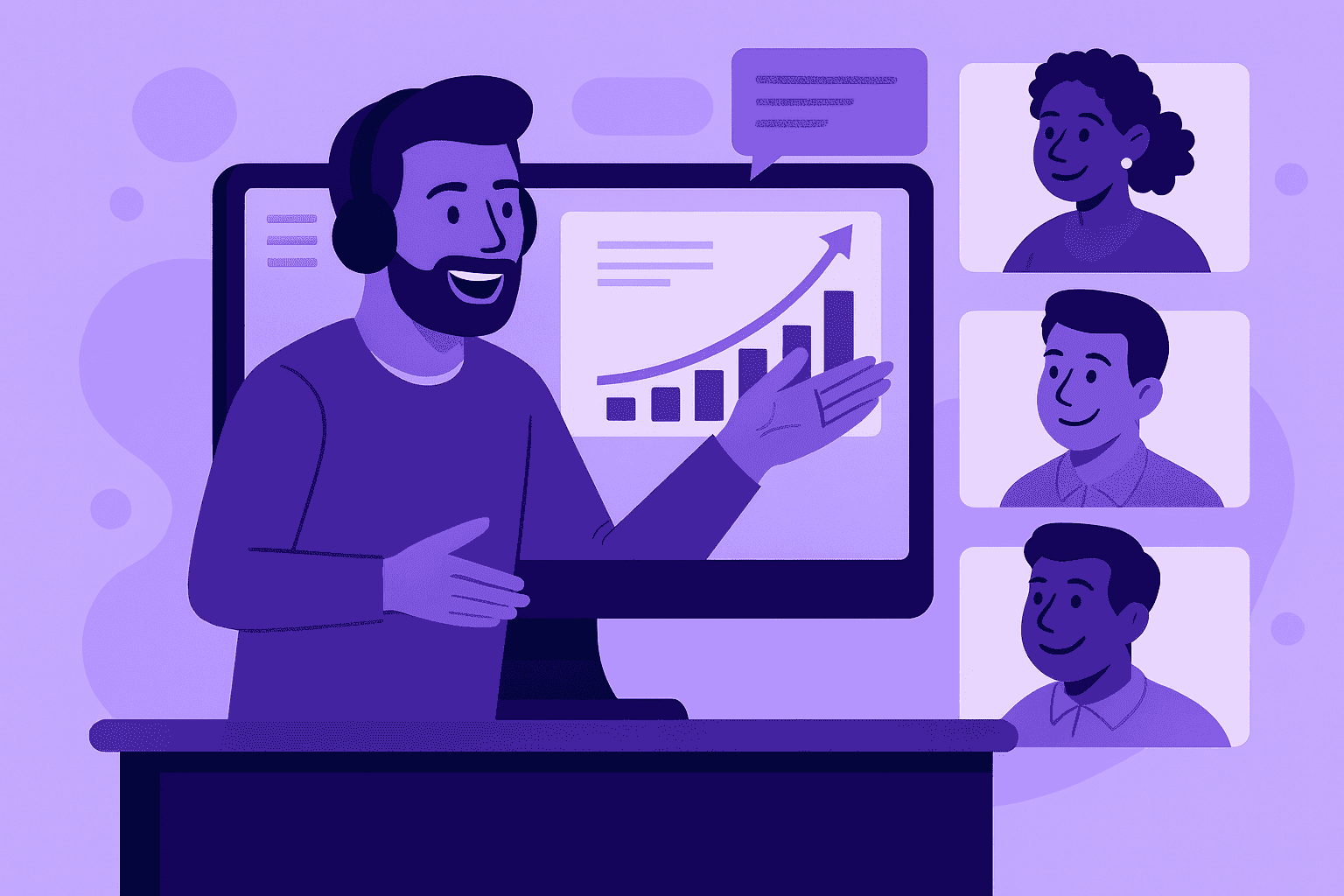 A flat-style digital illustration of a remote leader coaching team members during a virtual meeting, gesturing toward charts that represent growth and improvement while remote workers on screens engage and take notes, symbolizing mentorship and collaboration.