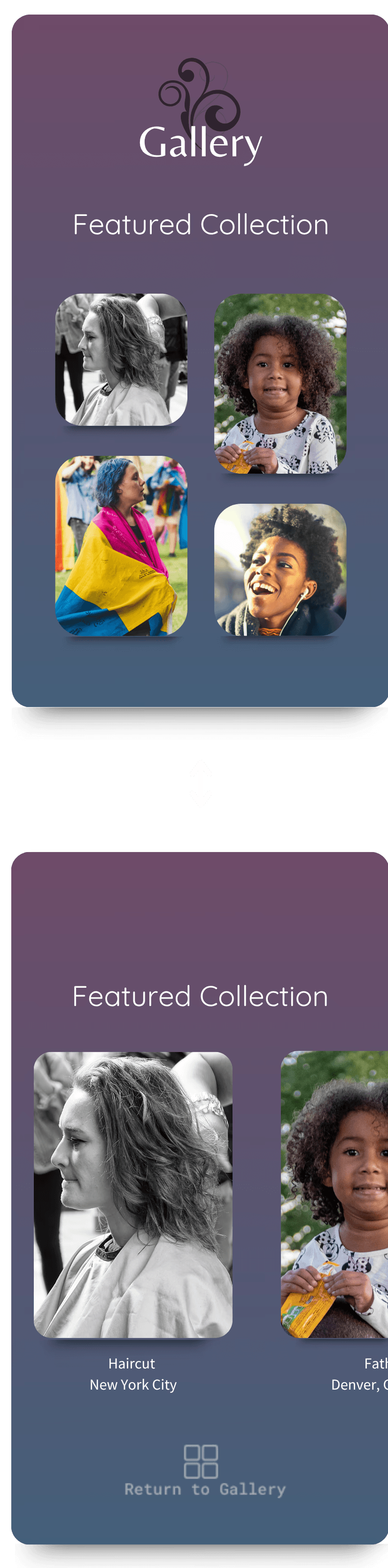 mobile screens of the Featured Collection gallery. The first shows a grid of four images under the “Gallery” section. The second shows an expanded view with larger swipeable images.
