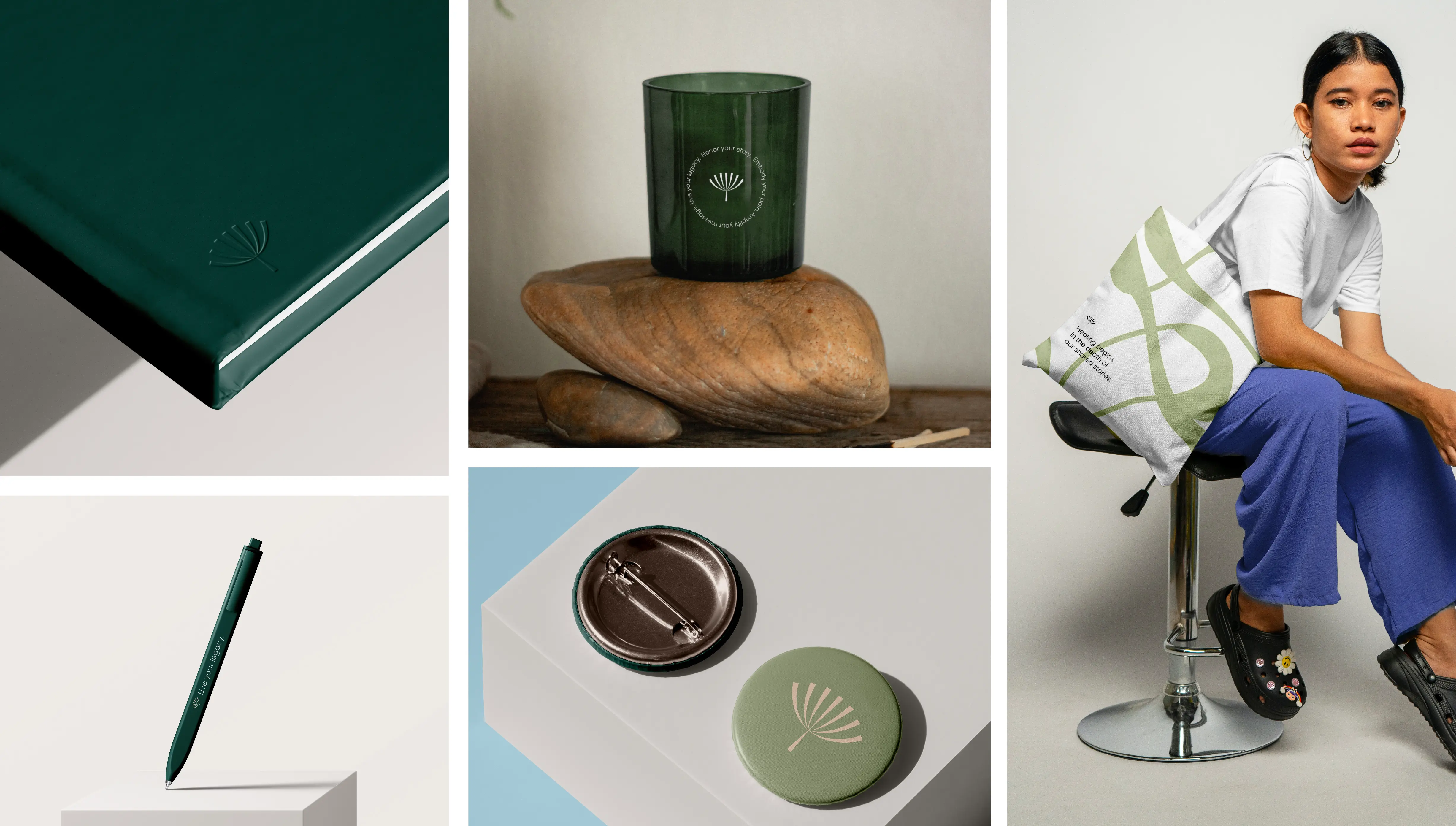 a variety of swag items like candle design, pins and tote bag