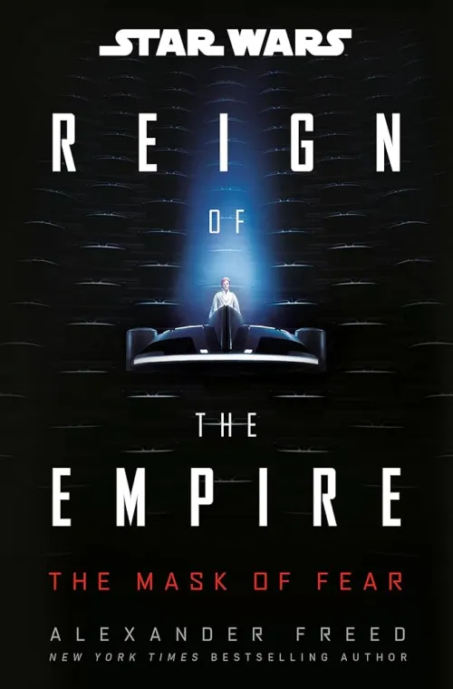 Reign of the Empire: The Mask of Fear cover with Mon Mothma beneath a single beam of light standing in the Imperial Senate. The cover is on top of a magenta and blue geometric background.