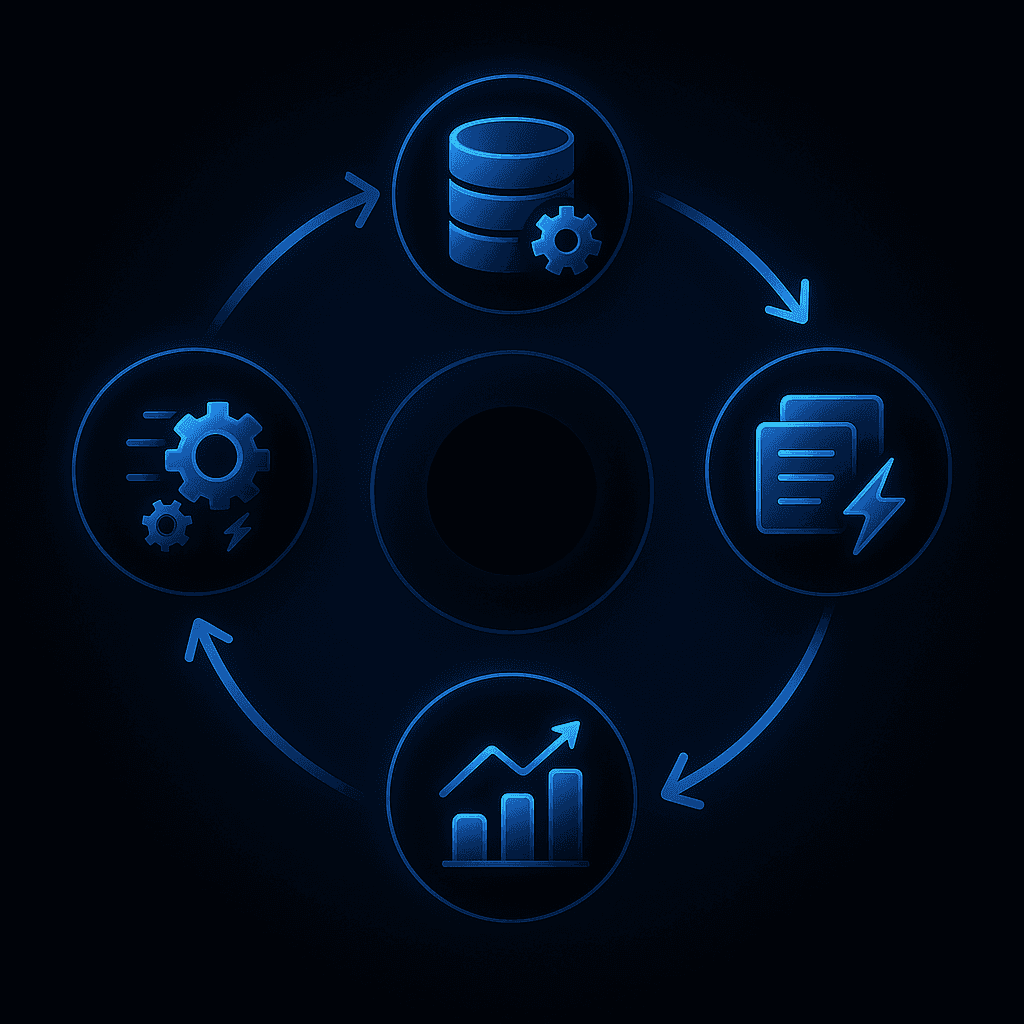 Circular loop diagram showing knowledge updates, autonomous refresh, content output, AI detection, and analytics.
