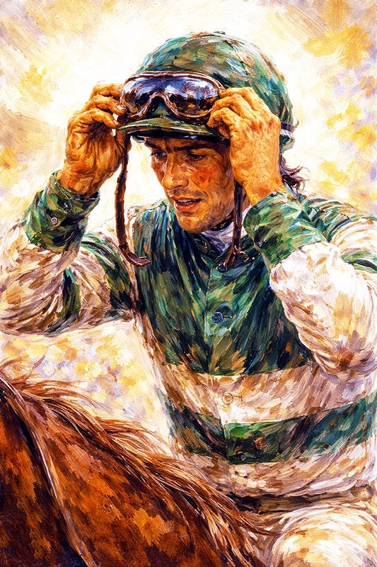 Artistic depiction of a jockey on a horse with a colorful background ready for the next race