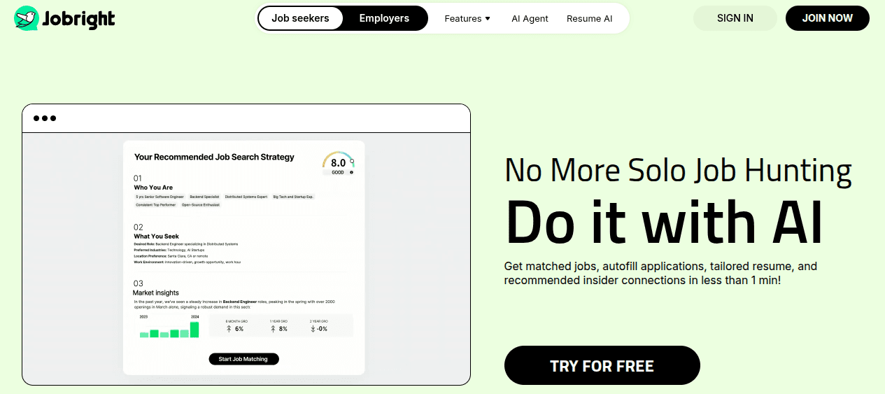 Jobright AI job search platform homepage showing personalized job matching, resume strategy score, and market insights dashboard
