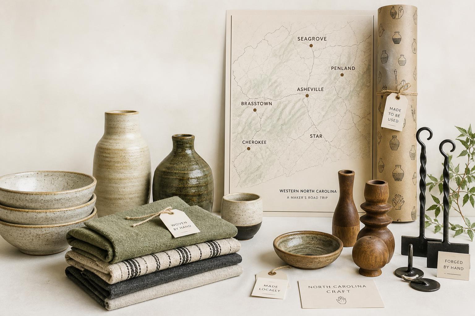 Handmade Western North Carolina craft display with ceramic bowls and vases, woven linens, turned wooden vessels, forged iron hooks, and a maker’s road trip map featuring Asheville, Seagrove, Penland, Brasstown, Cherokee, and Star.