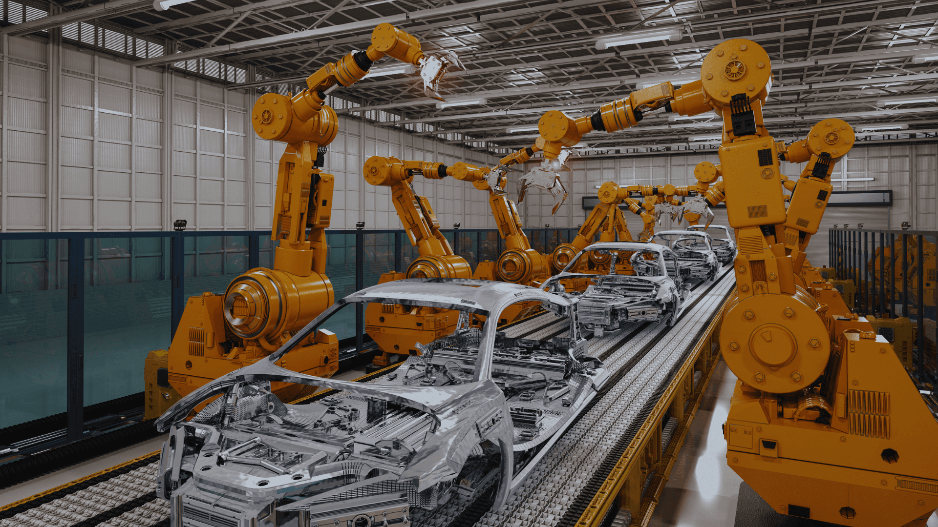 Otomotiv üretim hattında montaj yapan sarı robotik kollar ve çelik binek araç şasileri. SKDM downstream tüzük teklifi kapsamına giren otomotiv yan sanayisi ve imalat sektörü üretimi.
