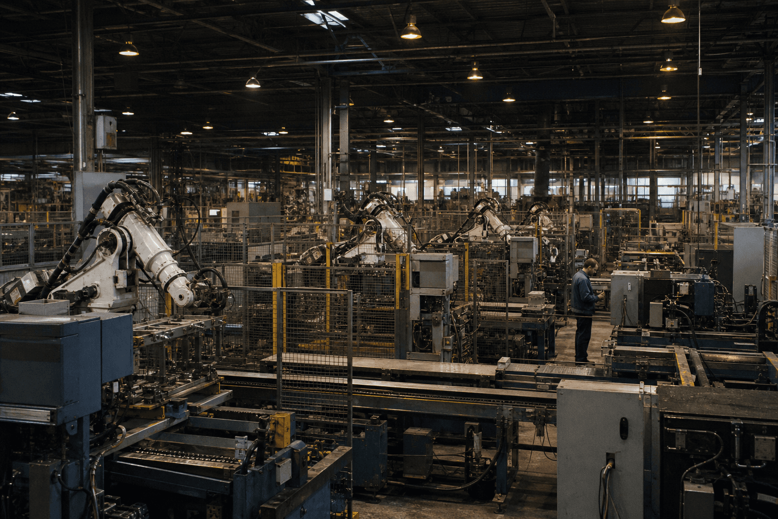 A solitary worker inspecting machinery on a highly automated factory floor