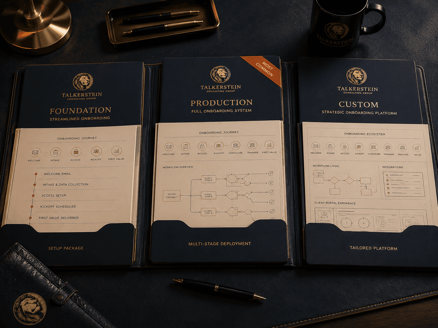 Three onboarding automation packages displayed side by side, showing increasing workflow complexity from streamlined onboarding to advanced multi-path client onboarding systems.