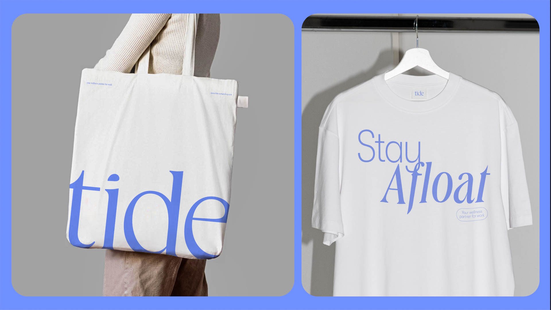 A cream-colored tote bag with the word "tide" in blue letters is held by a person wearing a light beige sweater. The bag has a white tag attached to its top right corner. To the right, a white t-shirt hangs from a white hanger. The t-shirt displays the words "Stay Afloat" in blue letters, with a small oval graphic below reading "Your wellness partner for work."