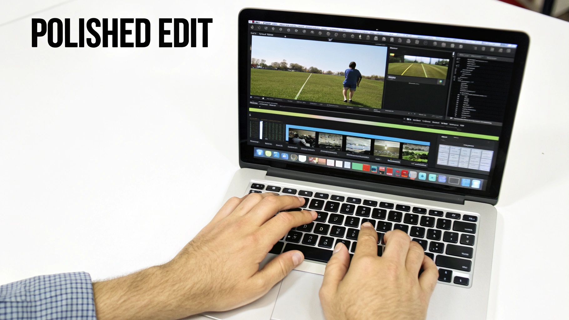 Person using a laptop to edit videos, displaying video editing software with field footage.