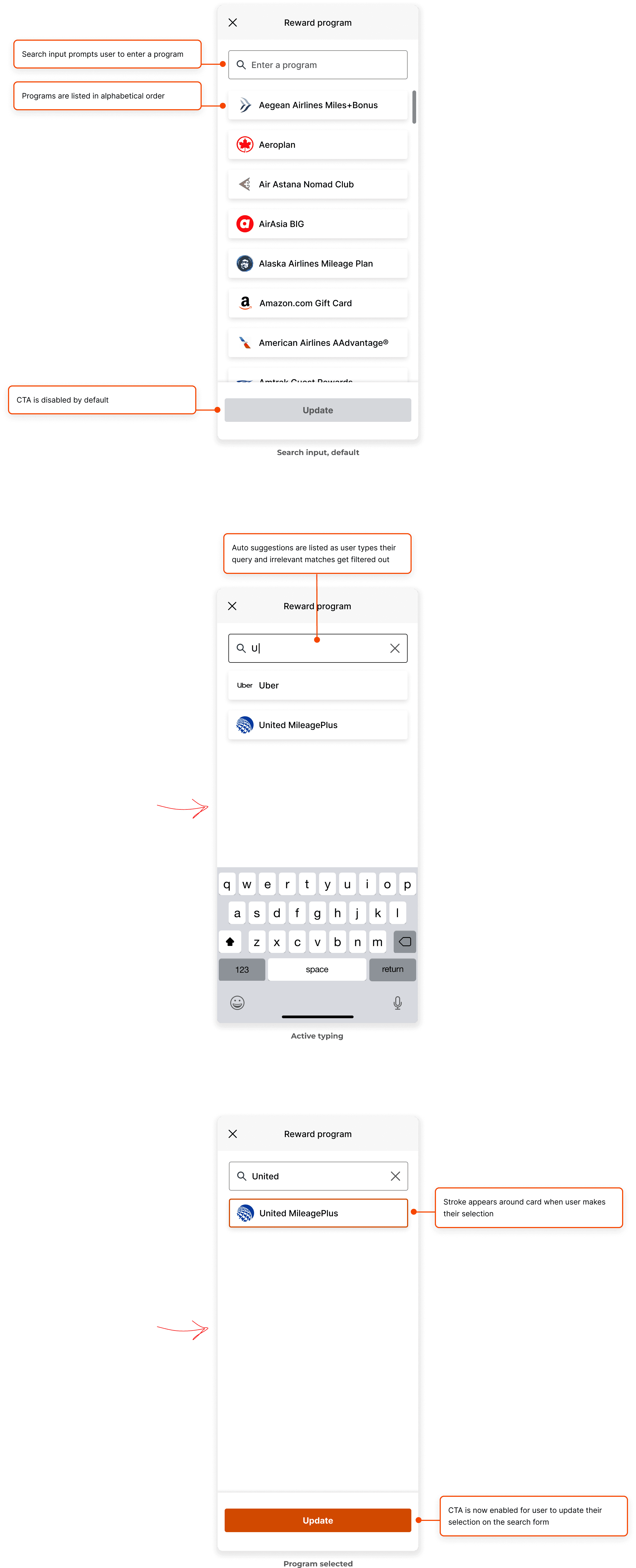 An image of how the revised search input field works: when the field is empty, when the user types their query, and when an option is selected.