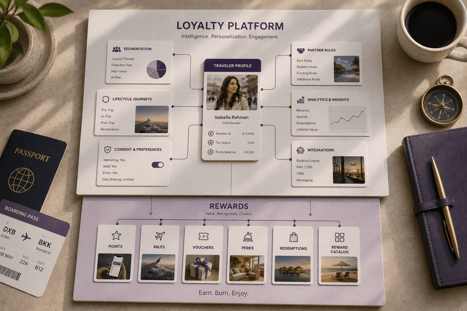 Layered comparison showing travel rewards features as the foundation of a broader travel loyalty platform.