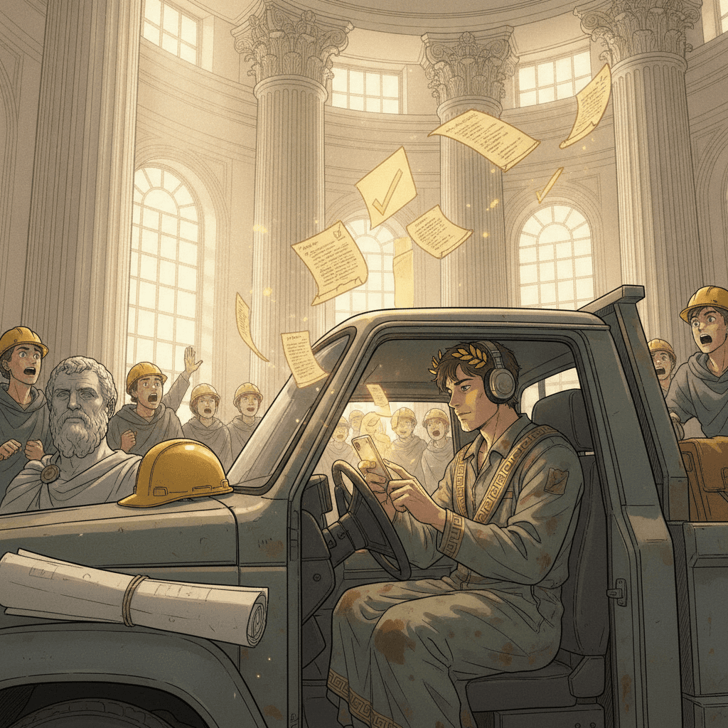 Trades student answering quiz questions on a glowing phone in a work truck beneath marble columns