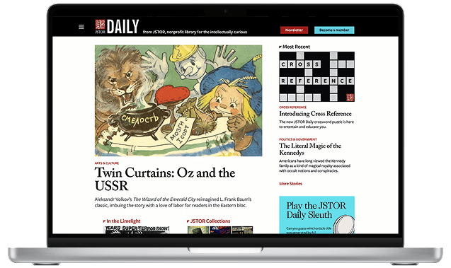Laptop mockup showing the original JSTOR Daily homepage, with the Twin Curtains: Oz and the USSR feature story and right-side article list.
