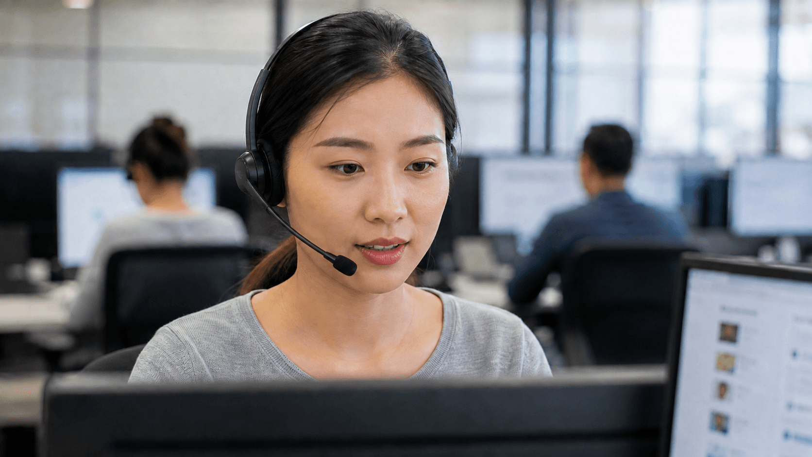 Un conseiller du service à la clientèle de détail, muni d'un casque, traite des demandes dans un centre de contact moderne.