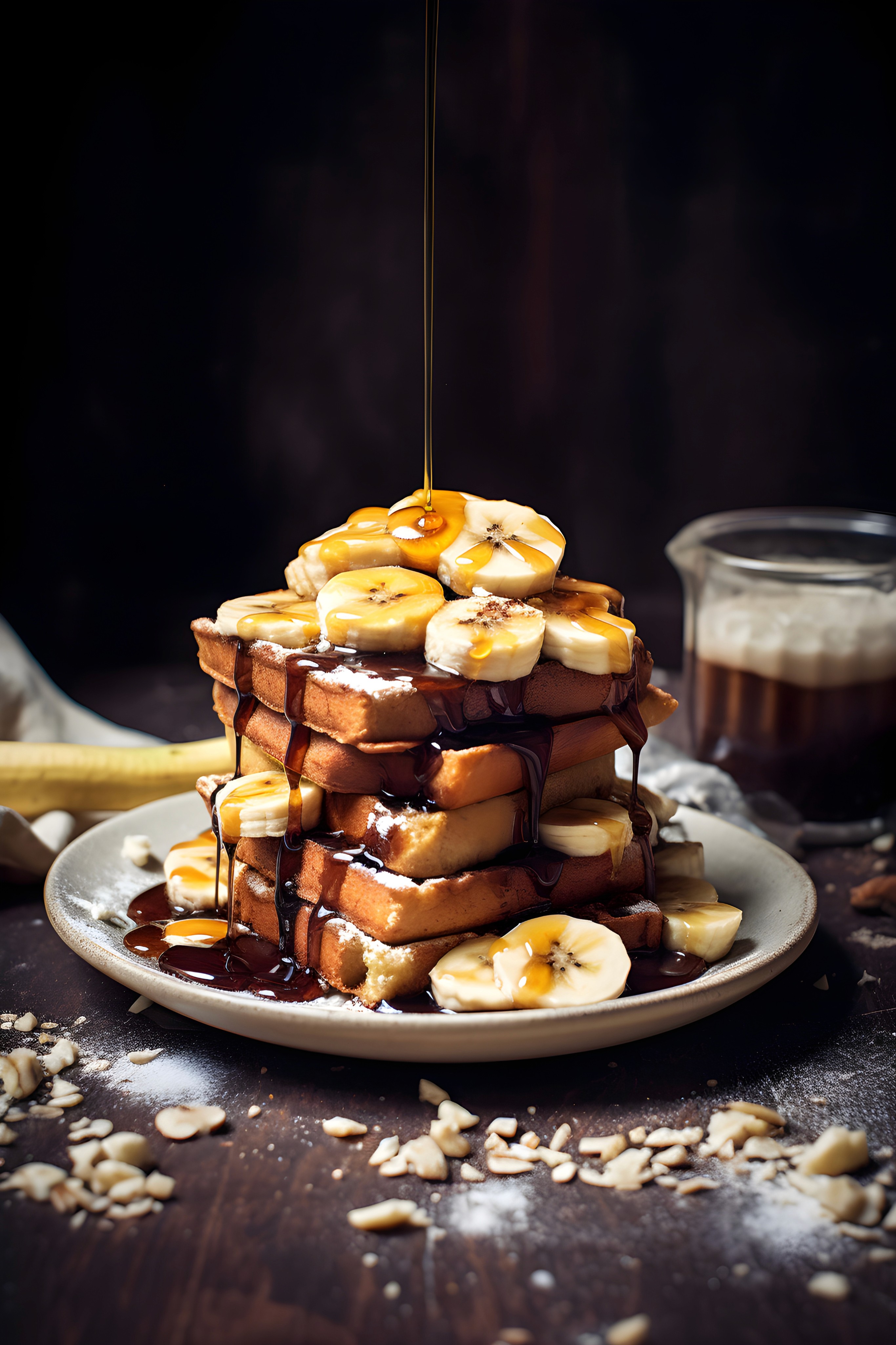 A tall stack of French toast or waffles, heavily drizzled with syrup and topped with slices of banana, dusted with powdered sugar, and served in dramatic, dark lighting.