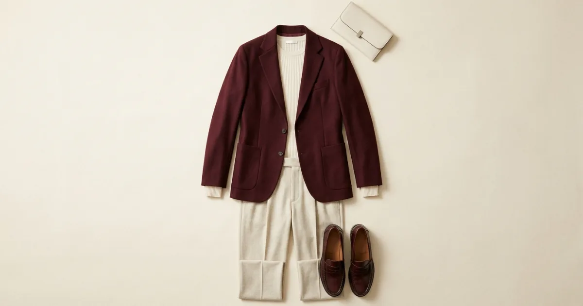 Deep maroon wine-red wool blazer layered with a cream ribbed knit top, oatmeal-cream pleated wool trousers, deep oxblood penny loafers, and a cream leather clutch on a warm ivory surface