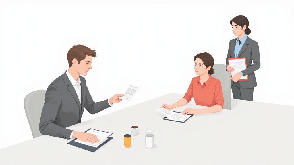 Drei Personen besprechen am Tisch Bewerbungsunterlagen; möglicherweise ein Beratungsgespräch zur Jobsuche.