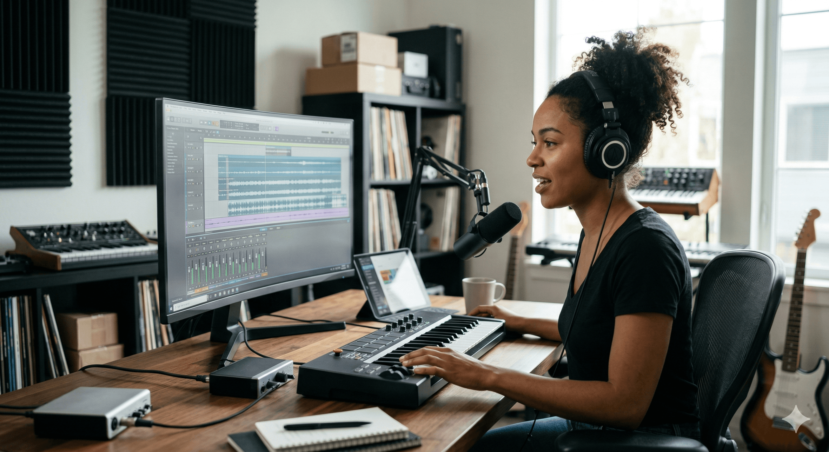 A woman with headphones sits at a wooden desk, operating a digital audio workstation on a large computer screen, surrounded by professional music production equipment, reflecting creativity in an inspiring home studio setting.