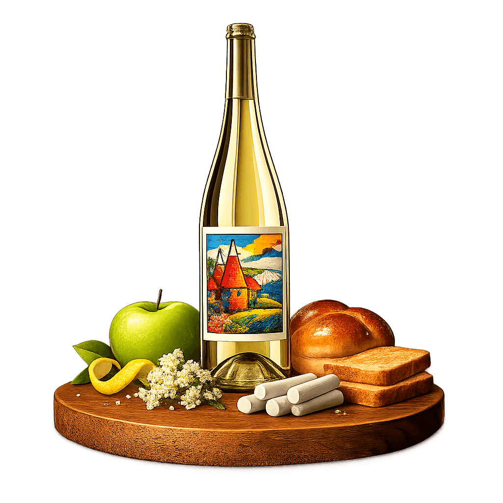 Artistic label and flavor profile for Kent Sparkling Wine on a rustic wooden table.