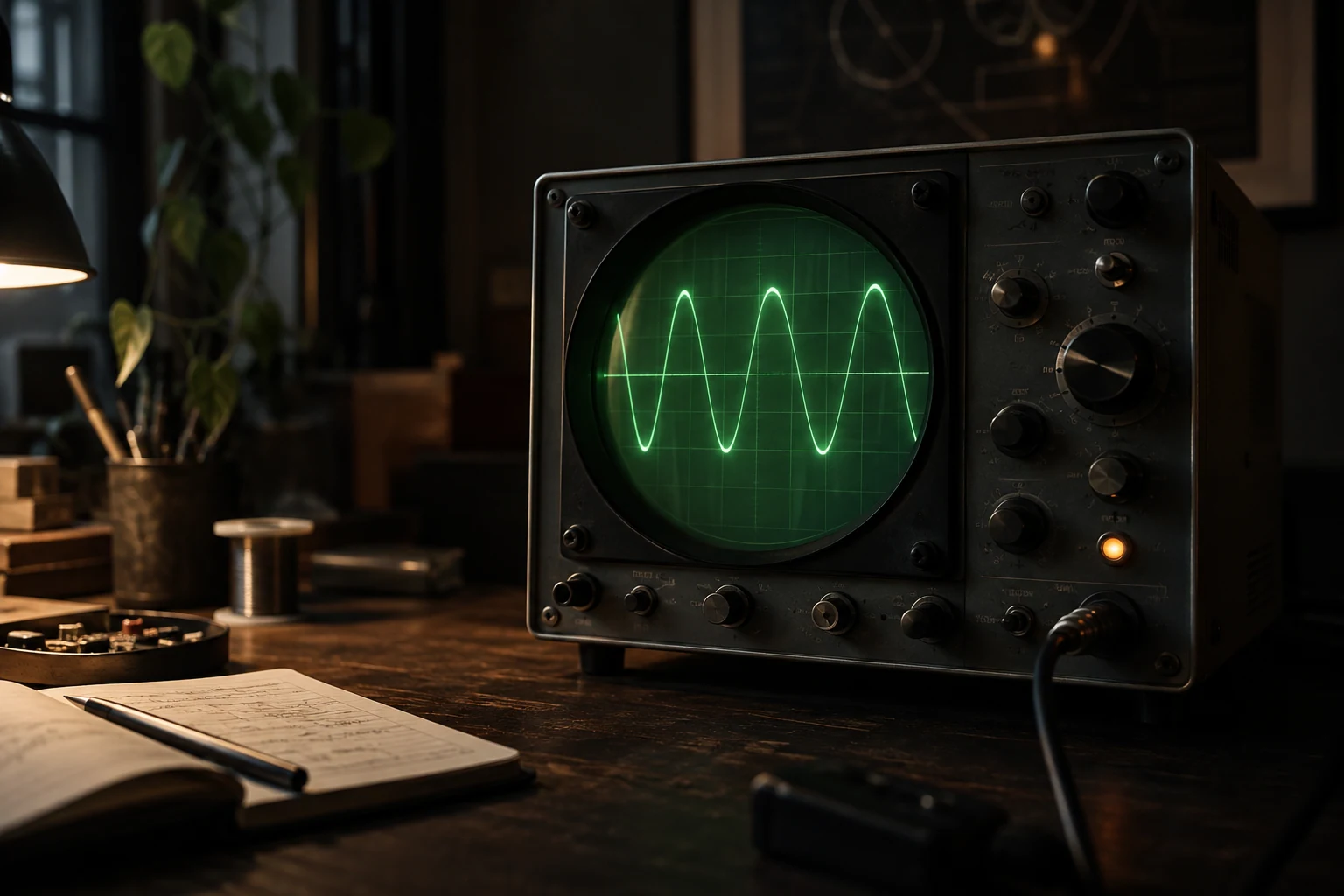 An original analog oscilloscope with glowing green waveform in a dark studio, no manufacturer name