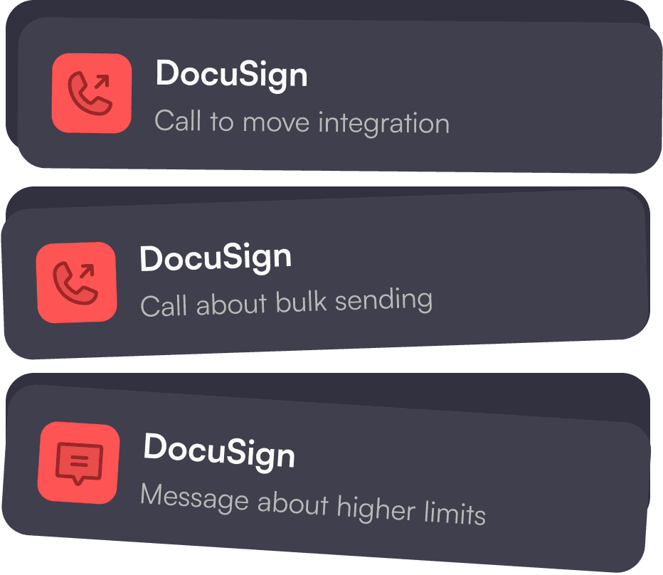 DocuSign notifications: call for integration, call about bulk sending, message about higher limits.
