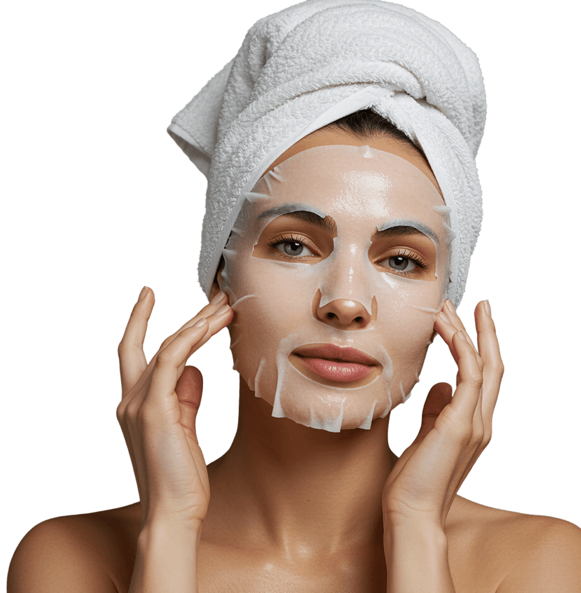 Woman with closed eyes, red hair, and a green leaf against her face.