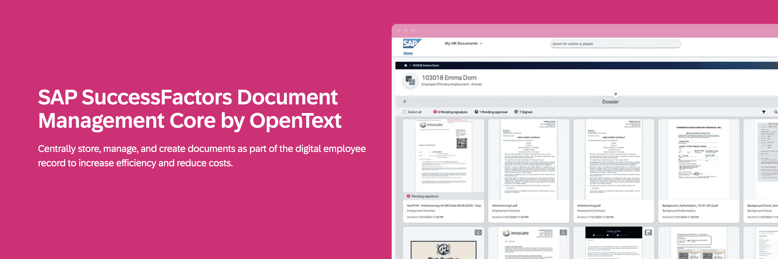 A UI mockup of the SAP document dossier panel displaying multiple employee documents in a grid layout.