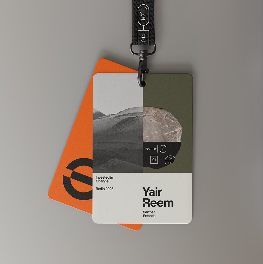Extantia conference badge design for Yair Reem with layered graphic elements