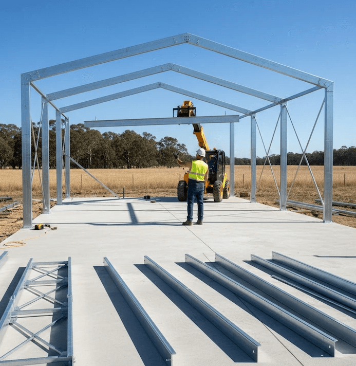 Construction of a Respira shed/shed house is happening. Metal beams on a concrete slab 