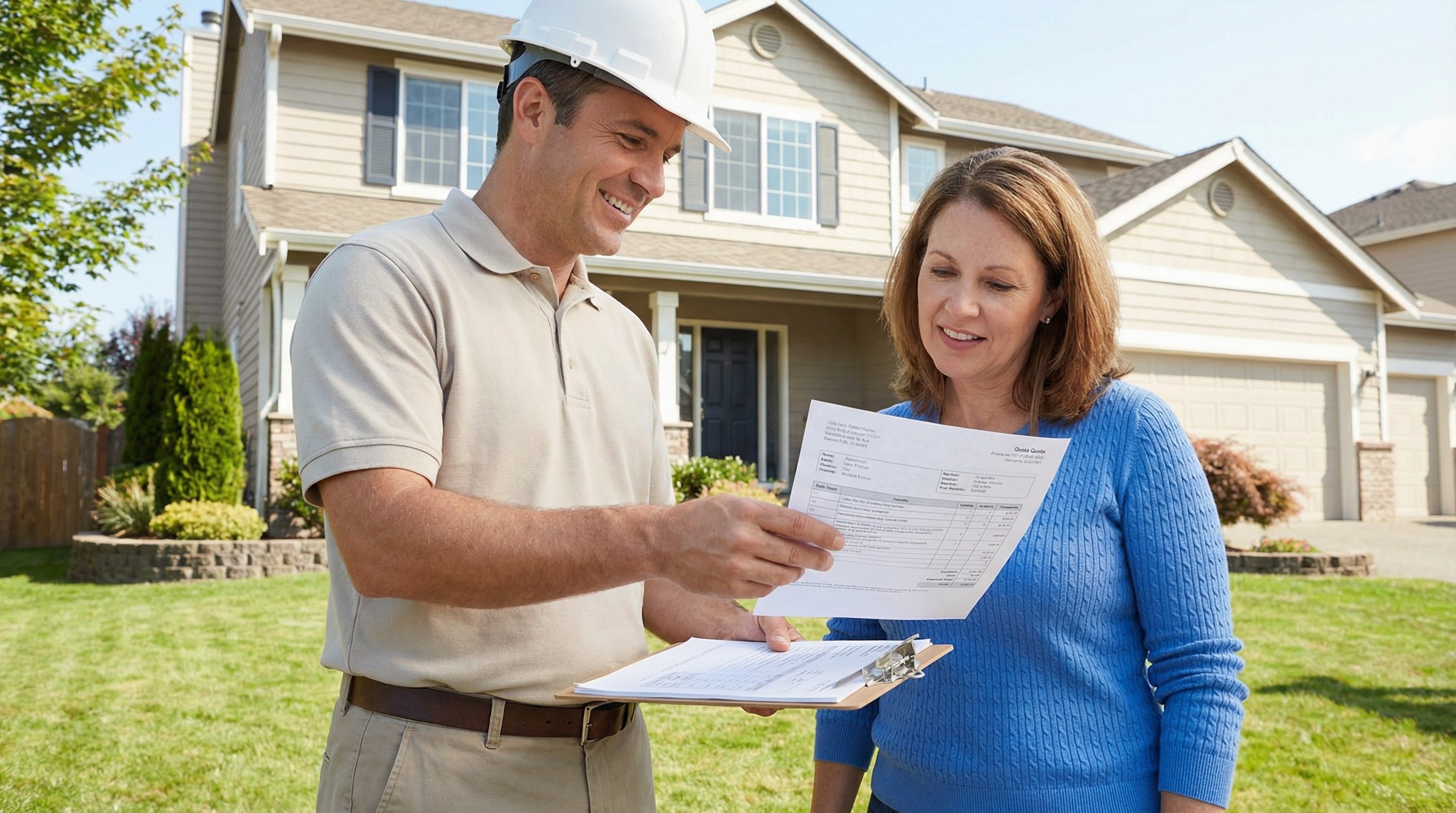 Homeowner meeting with a professional roofing contractor to discuss project details