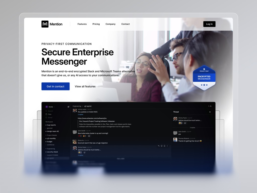 Mention homepage showcasing encrypted messenger interface with clean layout and privacy-first messaging features