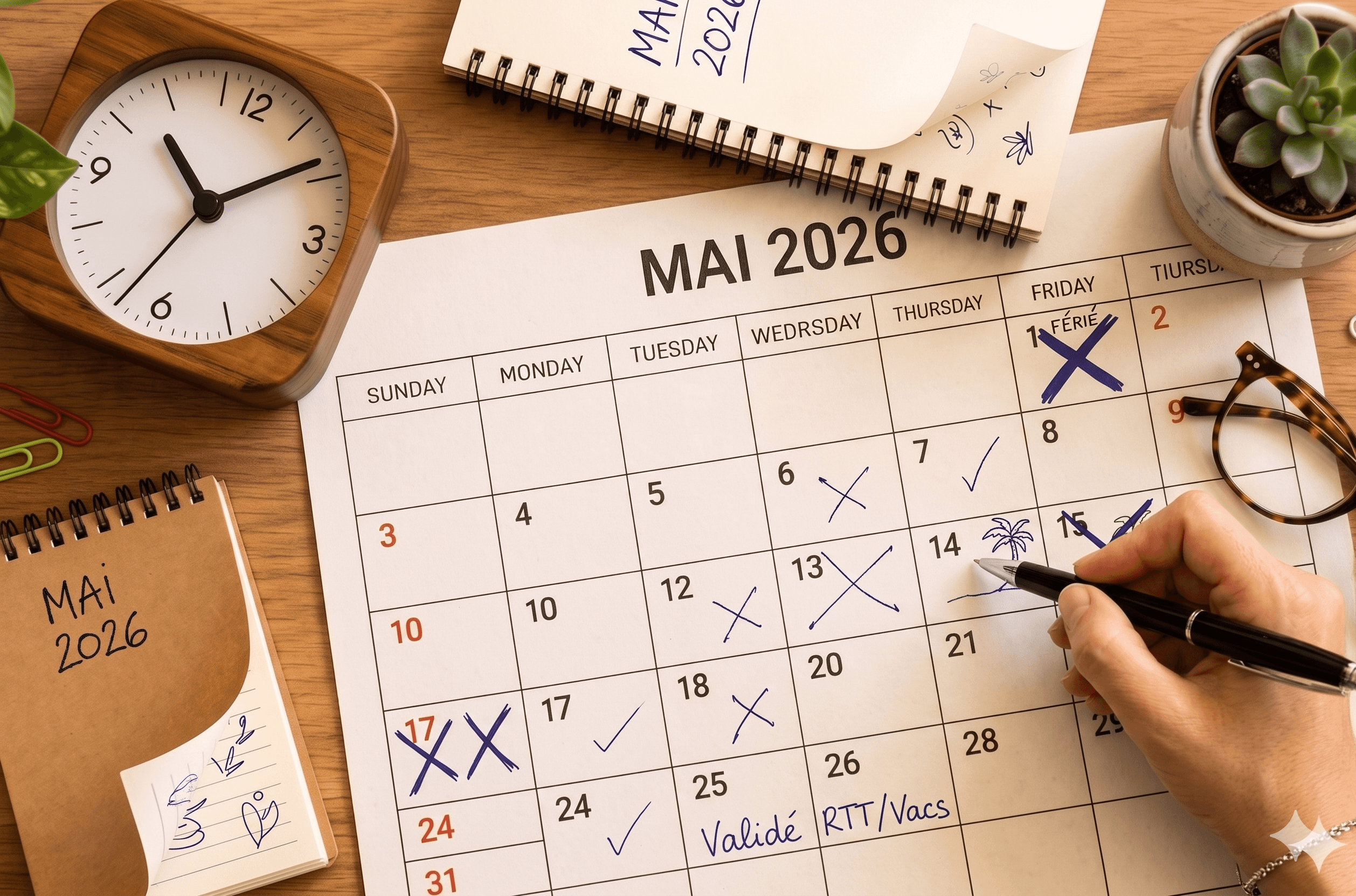 Calendrier du mois de mai 2026 avec jours fériés cochés, symboles de vacances et mention RTT sur un bureau de travail.