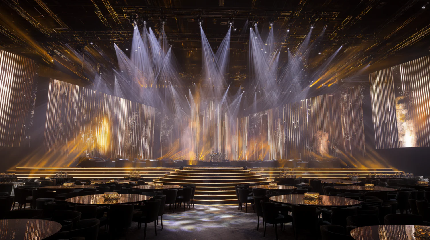 image of a luxury wedding event with seatings and lights and immersive screen inside dark