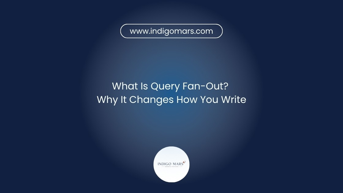 Dark navy banner reading 'What Is Query Fan-Out? Why It Changes How You Write' with the indigomars.com URL badge and Indigo Mars circular logo