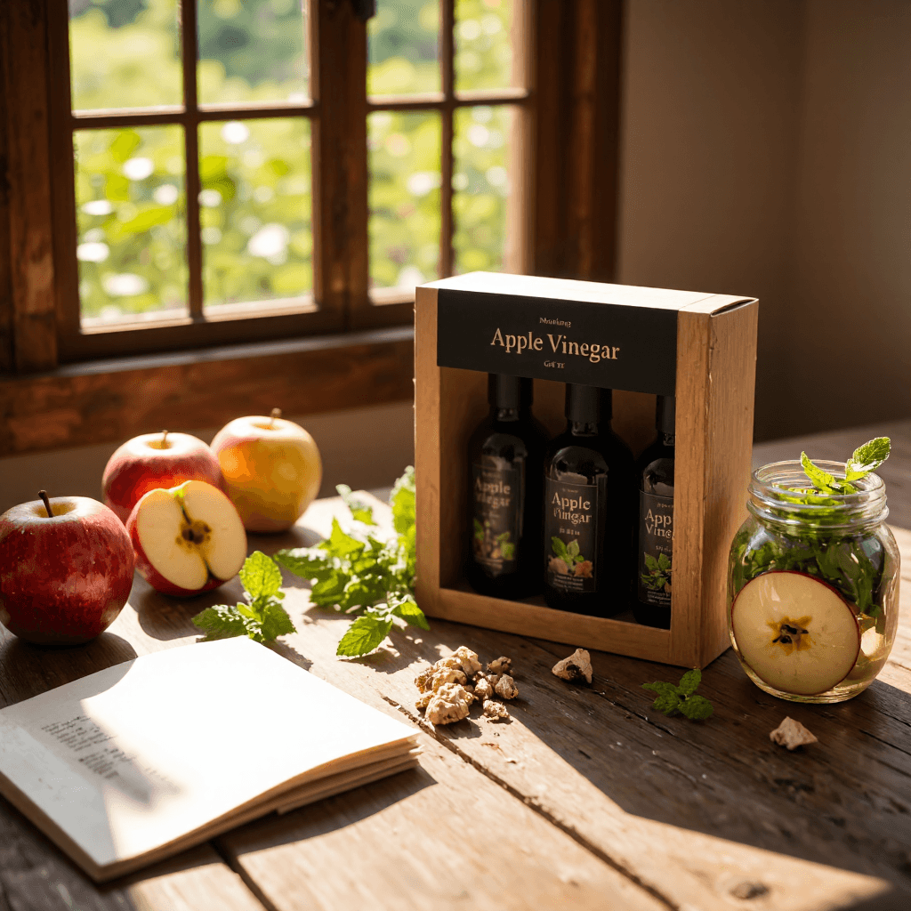 product photography of 3 bottles of apple vinegar gift set box