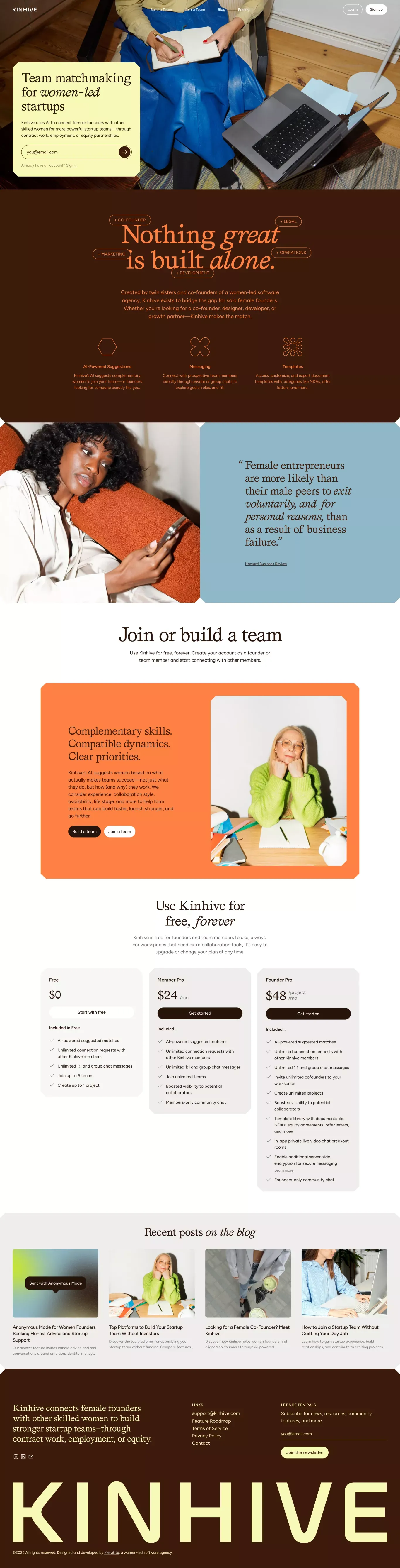 Female-Founder Team Matchmaking landing page screenshot showcasing Tech design