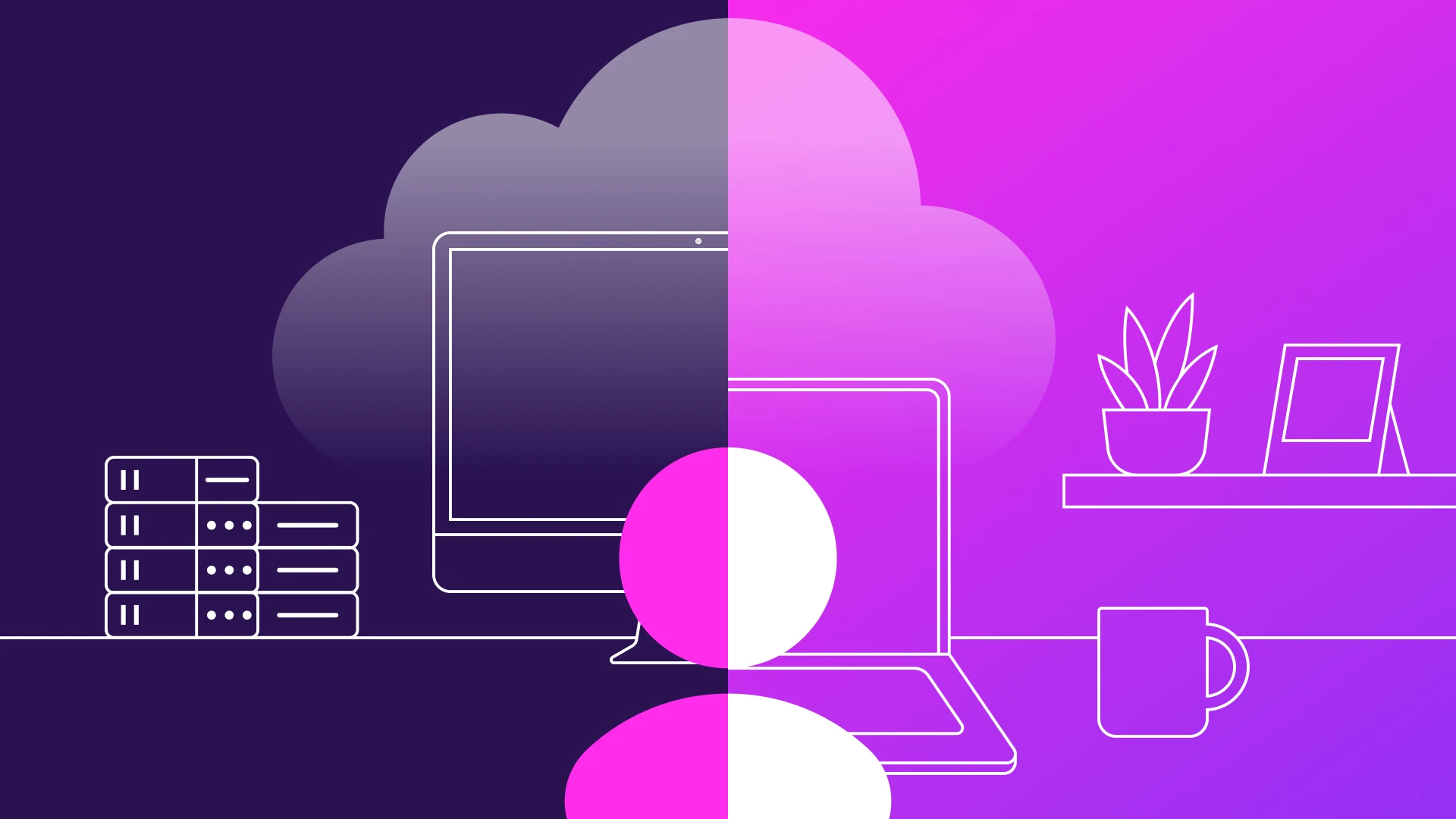 A split-screen conceptual illustration showing a traditional office server environment on the left and a remote home office on the right, connected by a central cloud icon and a user silhouette. This visual represents the transition from legacy network security to modern hybrid work and identity-based access models for SMBs and MSPs.