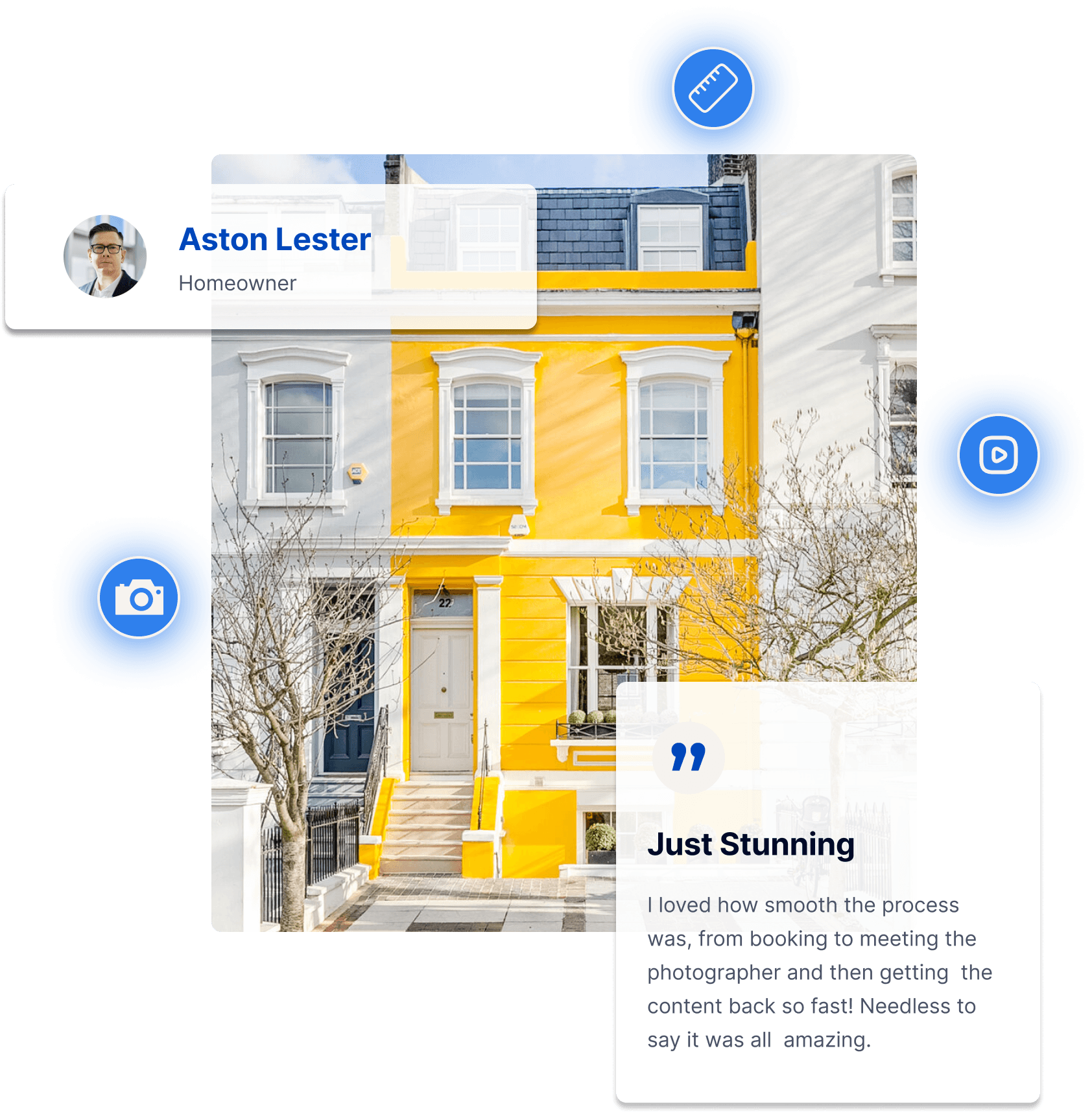 Homeowner review of Click’s real estate photography services—vibrant yellow house exterior and testimonial emphasizing fast booking, professional photos, and seamless process