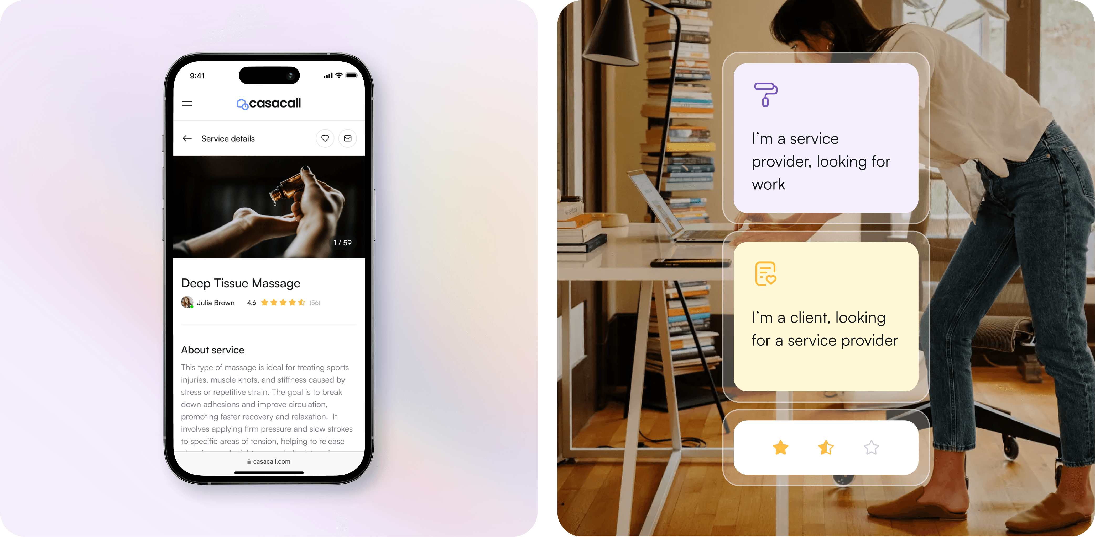 This image displays a mobile app interface designed for an online platform connecting service providers and clients.  Key Details: Background: A person working on a laptop in a cozy, book-filled home setting. Interface Options: Purple Card: Icon: Paint roller. Text: "I’m a service provider, looking for work." Yellow Card: Icon: Document with a checkmark. Text: "I’m a client, looking for a service provider." Navigation: A rating bar with stars at the bottom suggests feedback or reviewing options. Purpose: The app is likely intended for matching service providers (e.g., cleaners, masseuses, chefs) with clients seeking at-home services, allowing users to either offer services or book appointments easily.