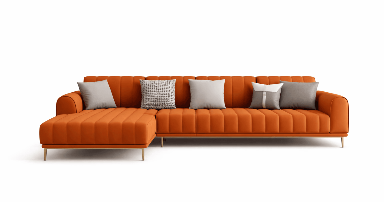 Channel‑tufted sectional sofa in rich orange tone with curved chaise design