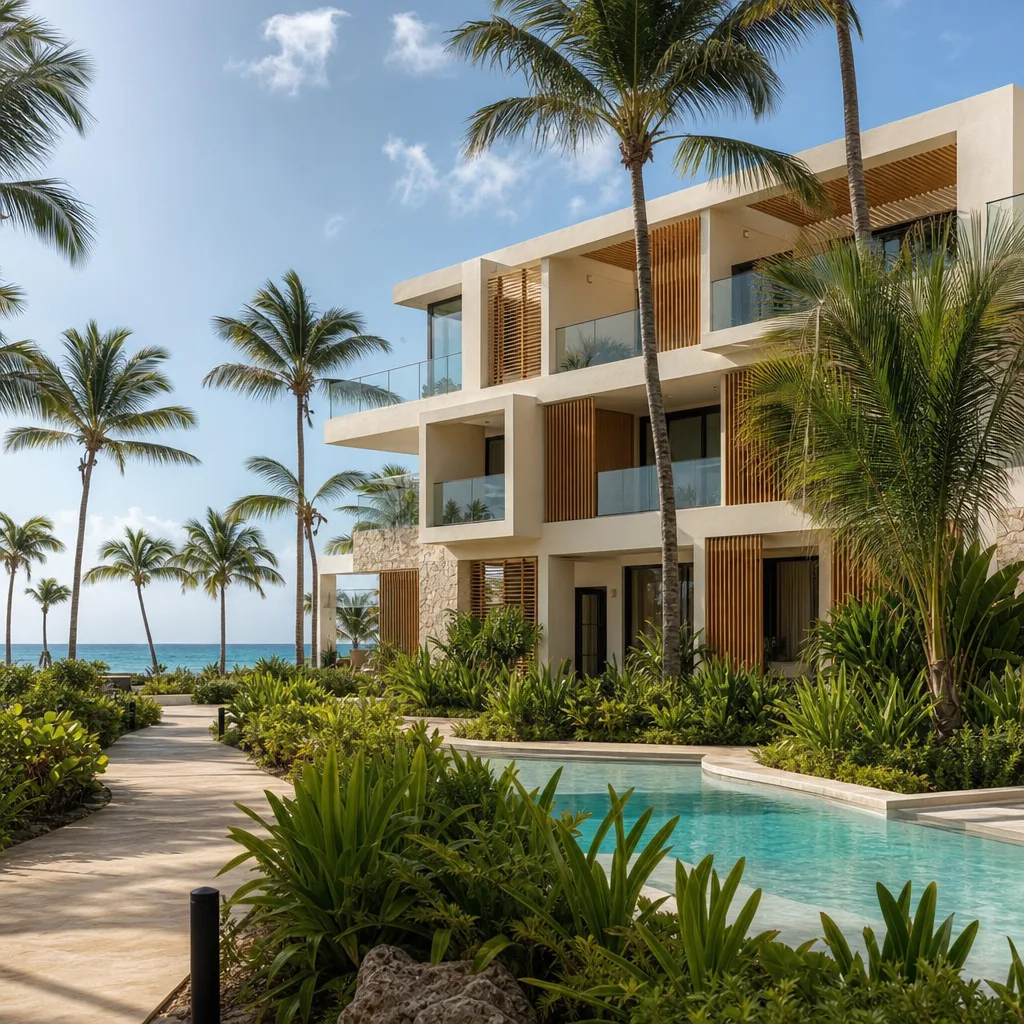 Residencial de obra nueva con piscina y palmeras en Punta Cana, asesoramiento inmobiliario en República Dominicana