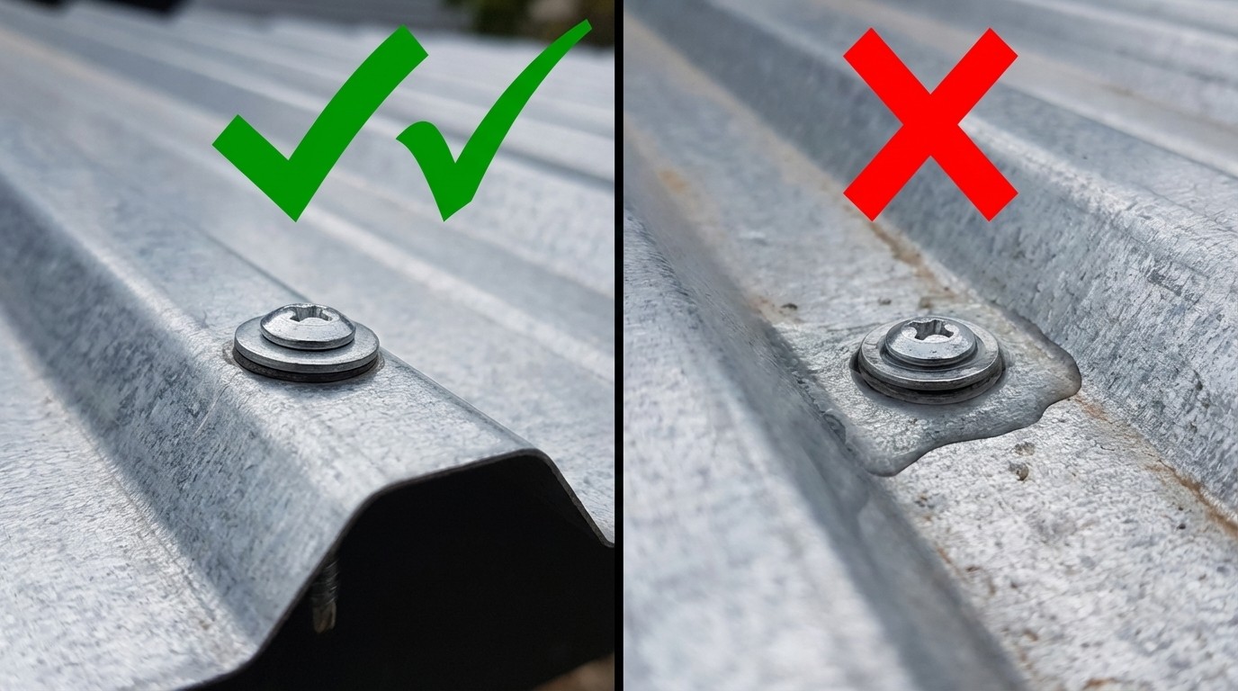 Correct vs incorrect screw placement on metal roofing: Ridge (Correct) vs Valley (Incorrect).