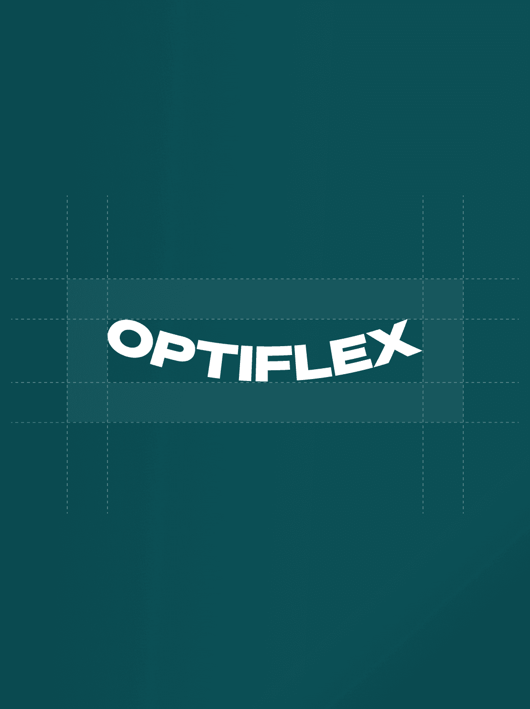 OptiFlex wordmark construction grid in bold white type with an arc on dark teal 