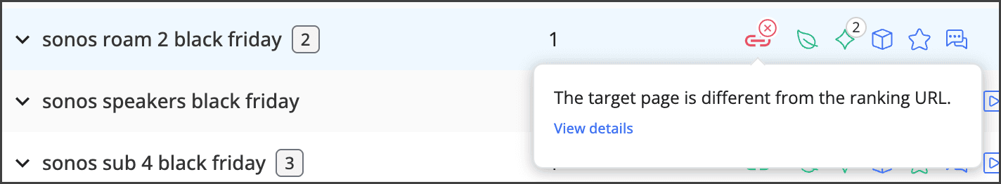 Advanced Web Ranking alert on 'sonos roam 2 black friday' noting that the target page is different from the ranking URL.