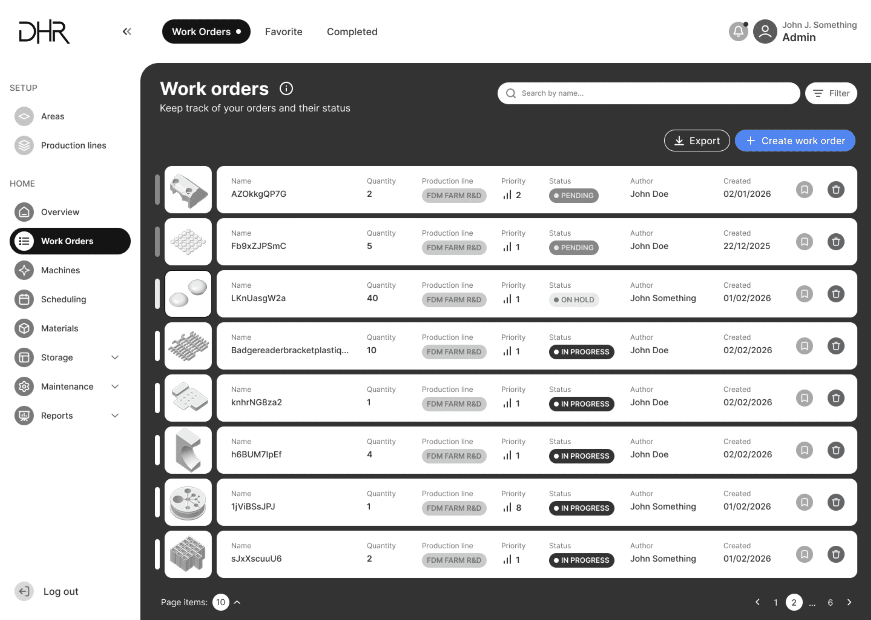 screenshot of unified 3d print farm management software by dhr engineering, work orders tab