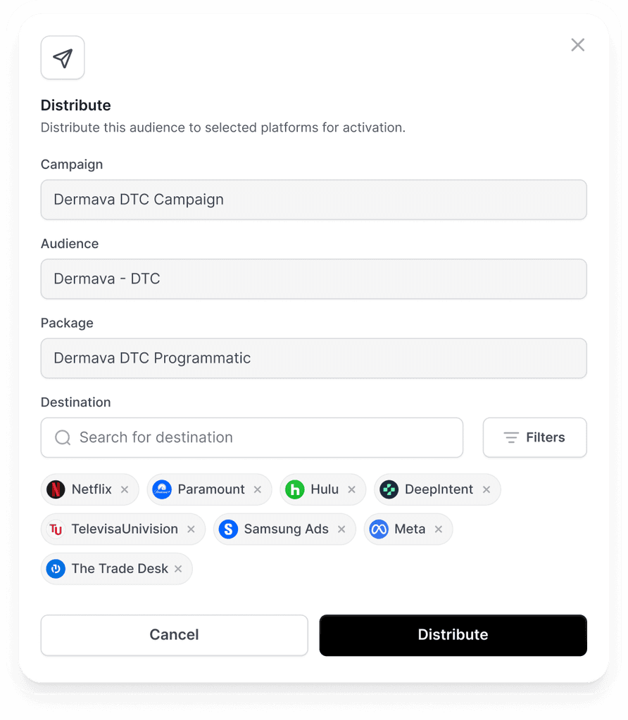 Dermava DTC campaign distribution interface: campaign, audience, package, and destination platforms selected.