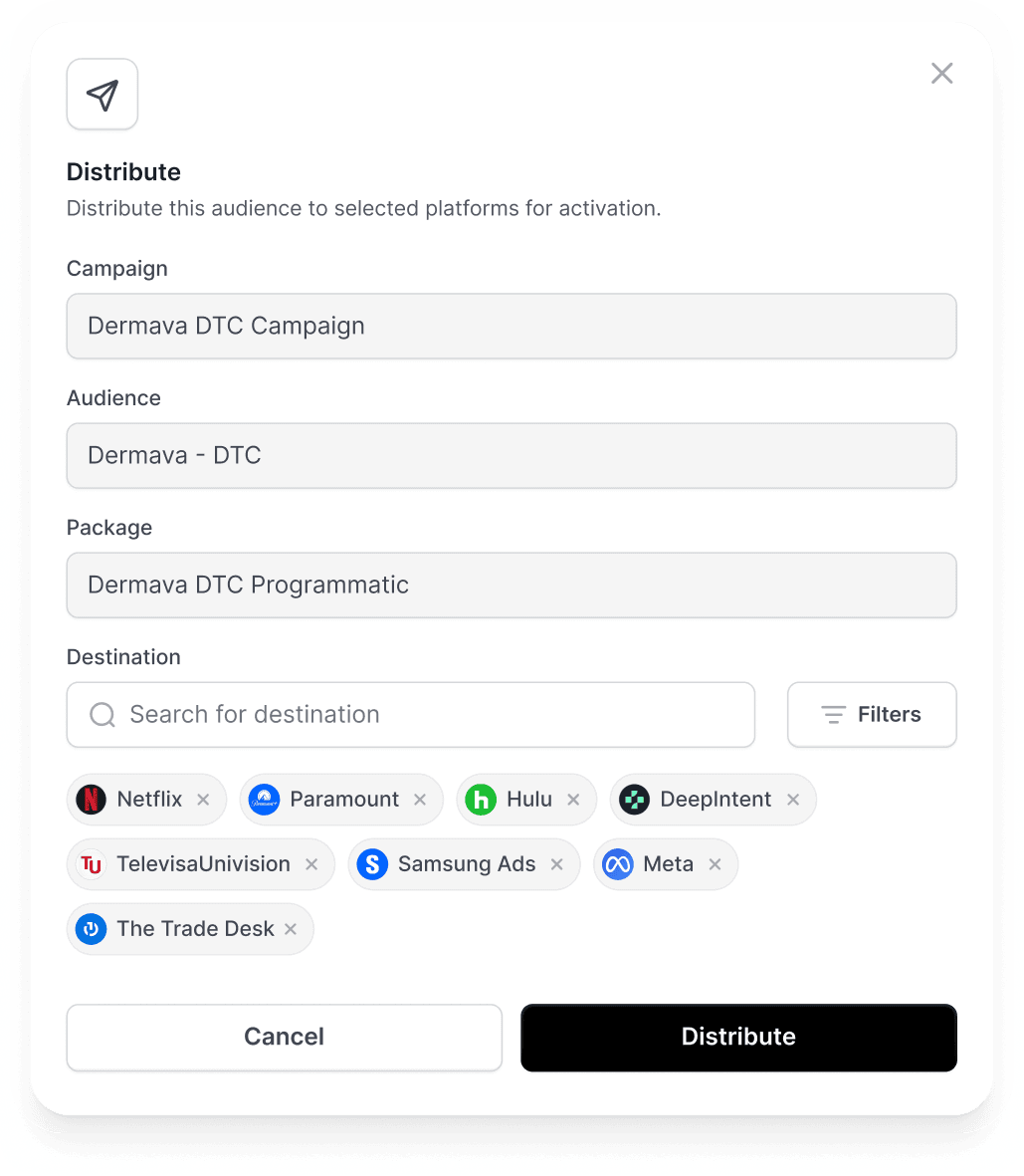 Inställningar för att distribuera Dermava DTC-kampanj till olika plattformar som Netflix, Hulu och Meta.
